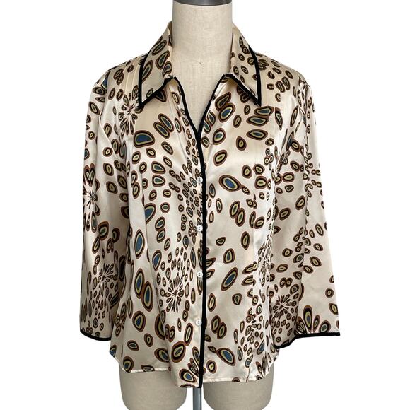 i.e. Silk Blouse Gold Pattern Button up Top - Picture 1 of 7